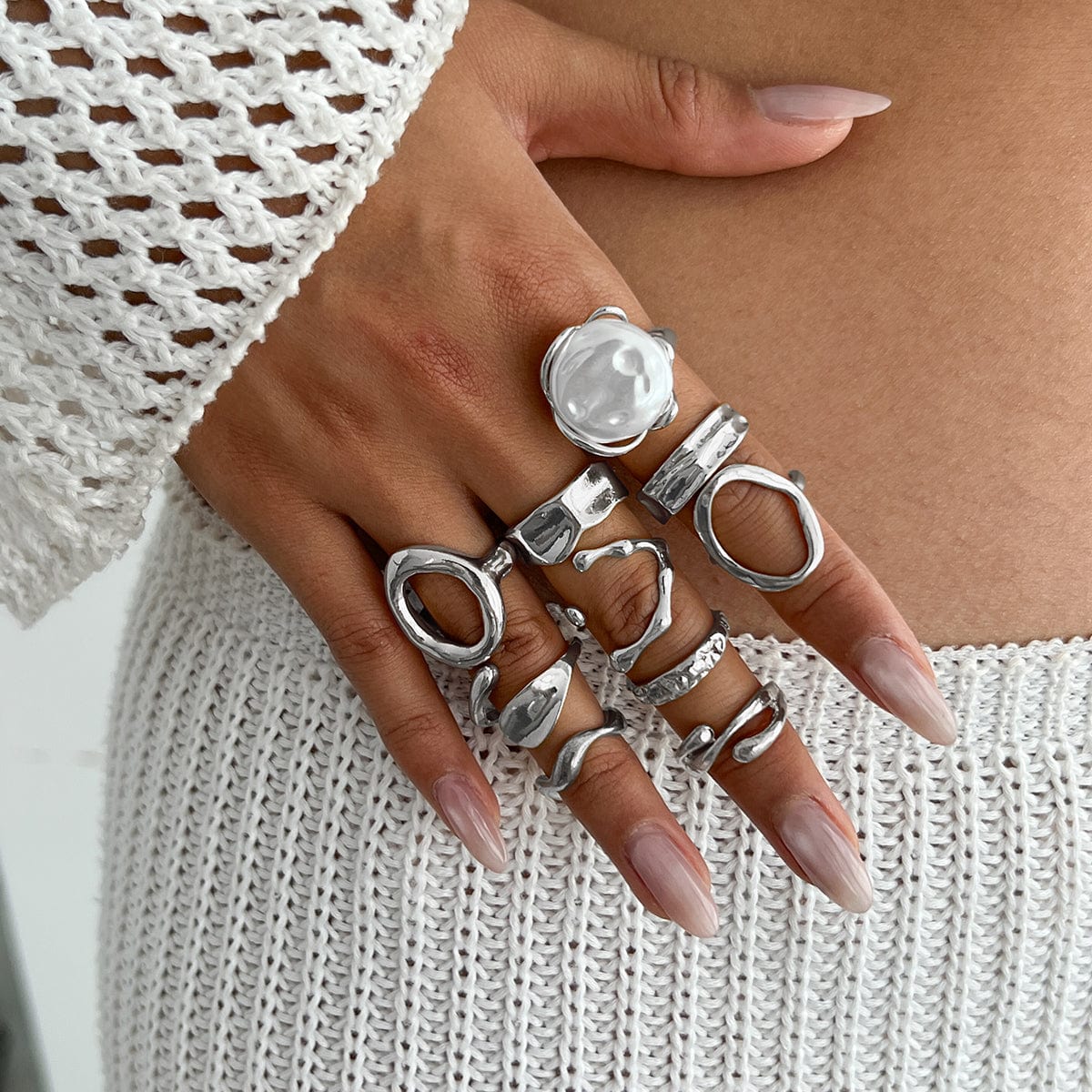10 Pcs Irregular Pearl Waterdrop Textured Open Ring Set - ArtGalleryZen