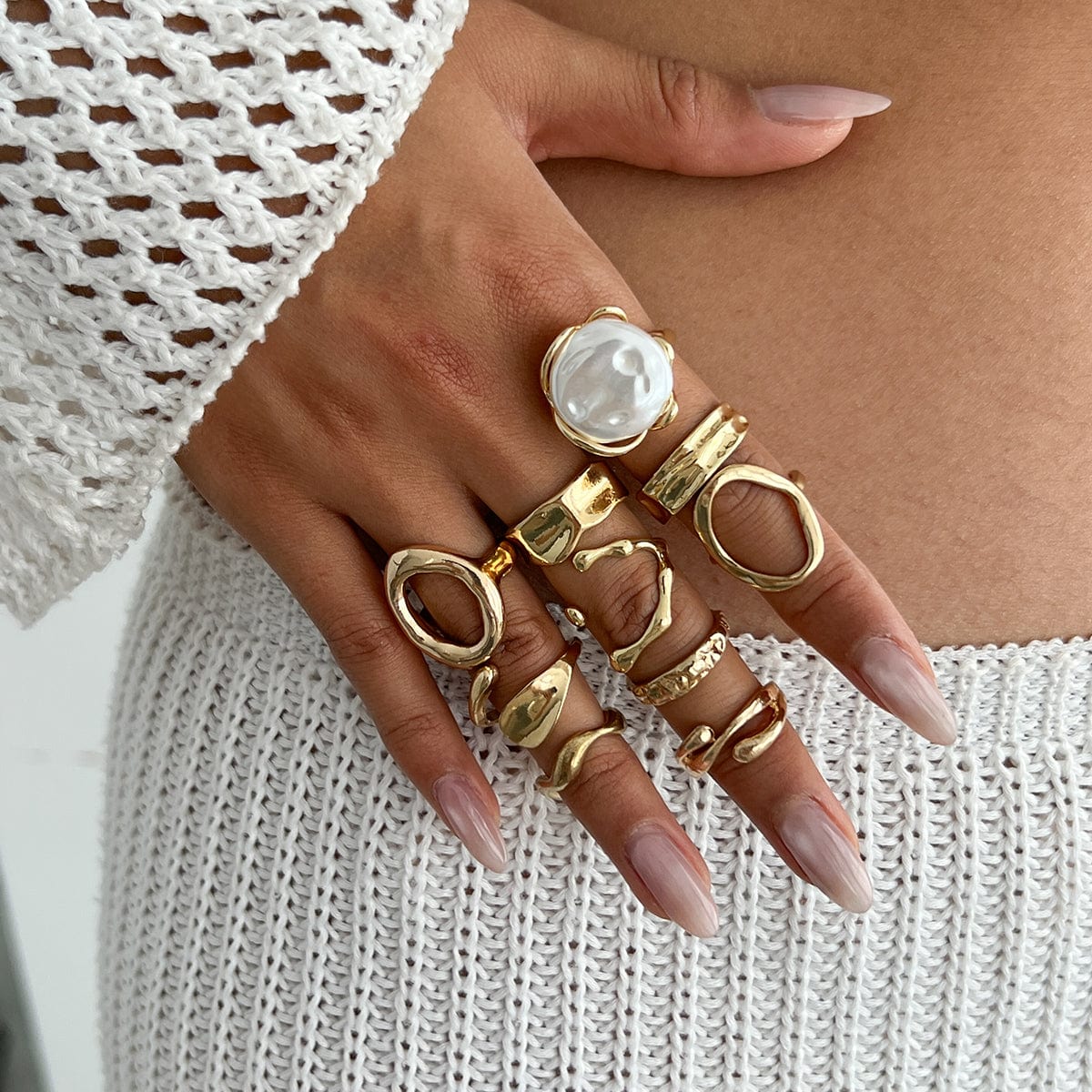 10 Pcs Irregular Pearl Waterdrop Textured Open Ring Set - ArtGalleryZen