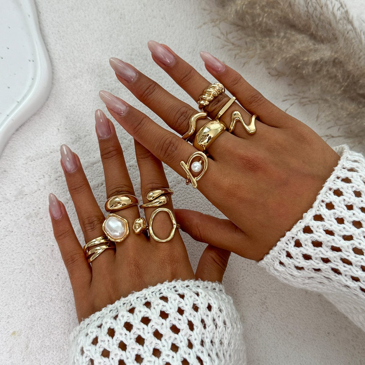 11 Pcs Barqoue Pearl Inlaid Waterdrop Hoop Ring Set - ArtGalleryZen