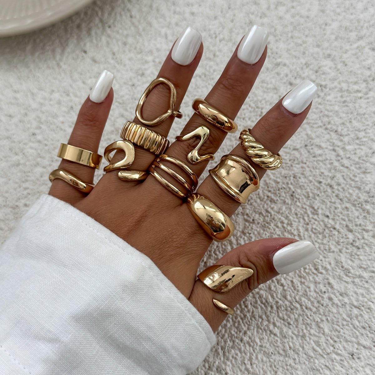 12 Pcs Gold Silver Tone Glossy Curved Hollow Waterdrop Ring Set - ArtGalleryZen