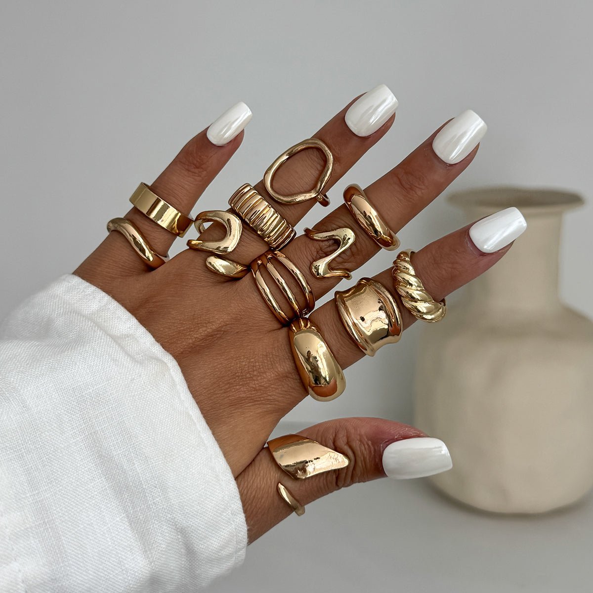 12 Pcs Gold Silver Tone Glossy Curved Hollow Waterdrop Ring Set - ArtGalleryZen