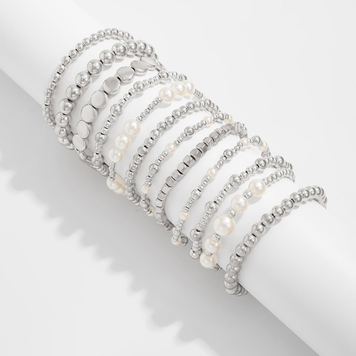12 Pcs Minimalist Gold Silver Tone Pearl Beaded Chain Bracelet Set - ArtGalleryZen