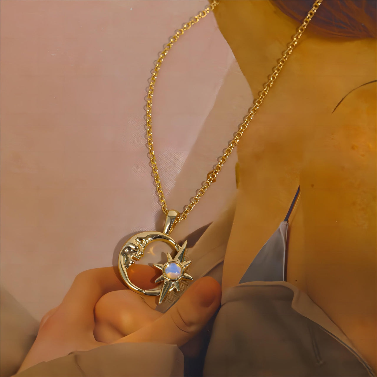 18K Gold Opal Star Moon Phase Necklace - ArtGalleryZen