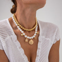 Thumbnail for 2 Pcs Conch Shell Starfish Pendant Pearl Chain Necklace Set - ArtGalleryZen