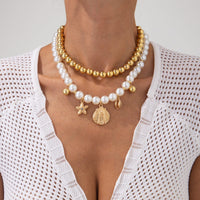 Thumbnail for 2 Pcs Conch Shell Starfish Pendant Pearl Chain Necklace Set - ArtGalleryZen