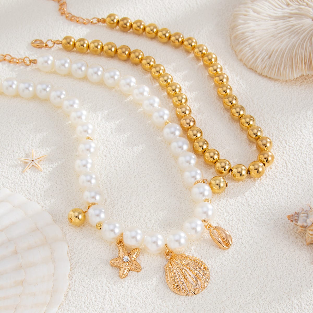 2 Pcs Conch Shell Starfish Pendant Pearl Chain Necklace Set - ArtGalleryZen