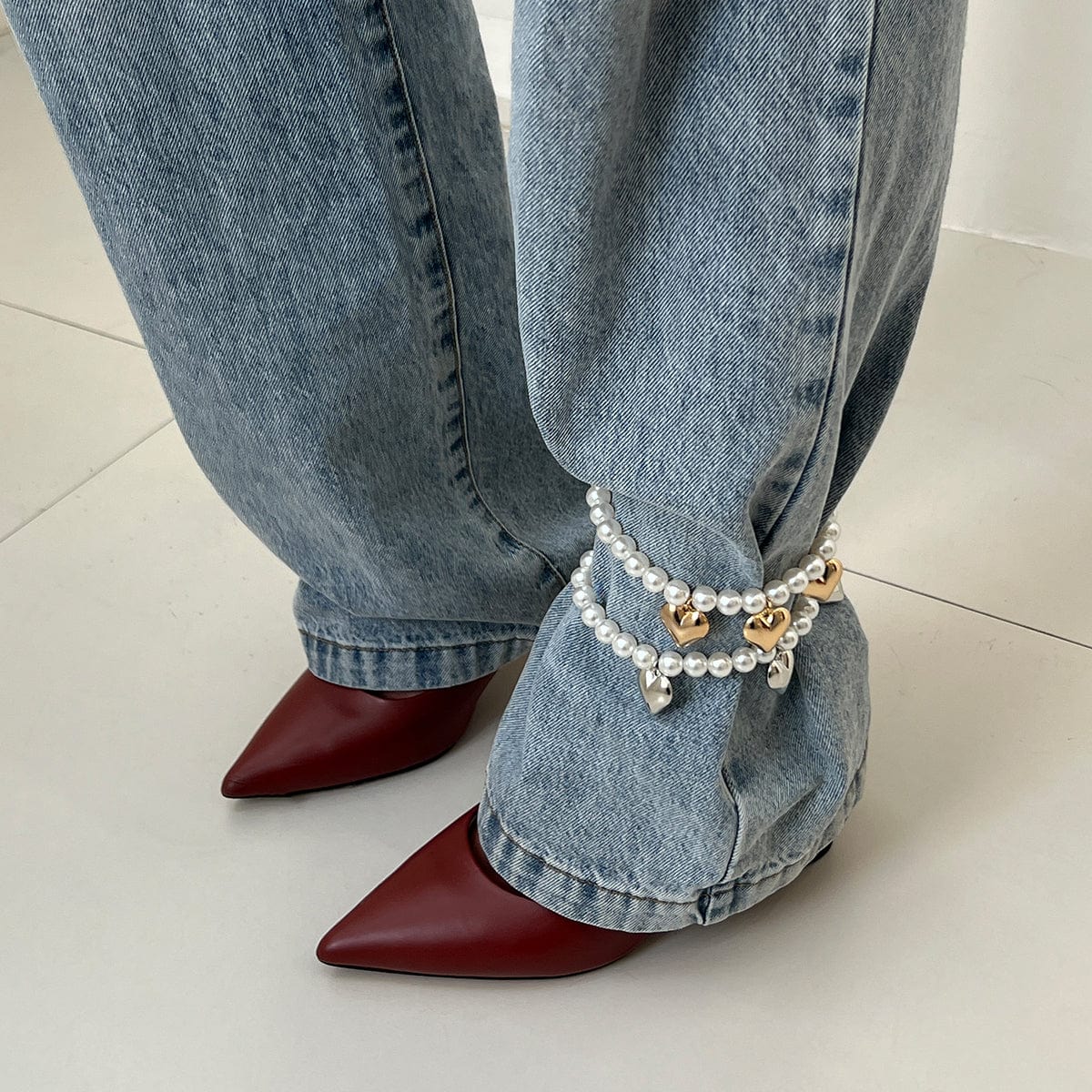 2 Pcs Heart Charm Pearl Chain Anklet Set - ArtGalleryZen
