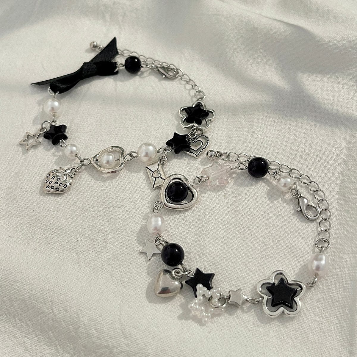 2 Pcs Strawberry Heart Letter Charm Pearl Star Chain Bracelet Set - ArtGalleryZen
