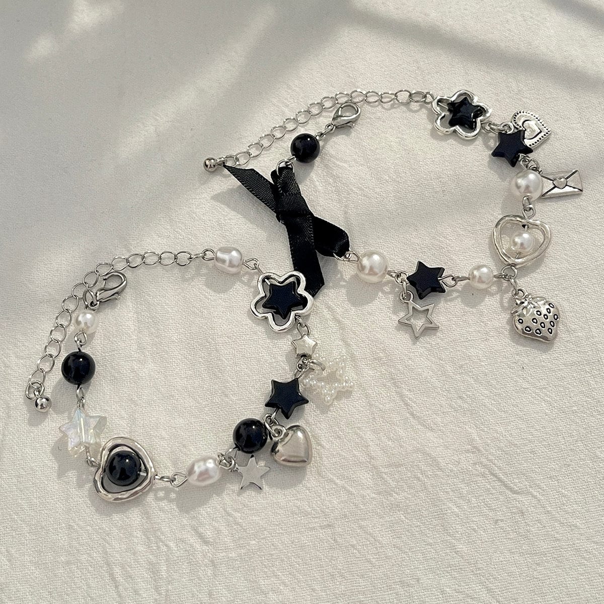 2 Pcs Strawberry Heart Letter Charm Pearl Star Chain Bracelet Set - ArtGalleryZen