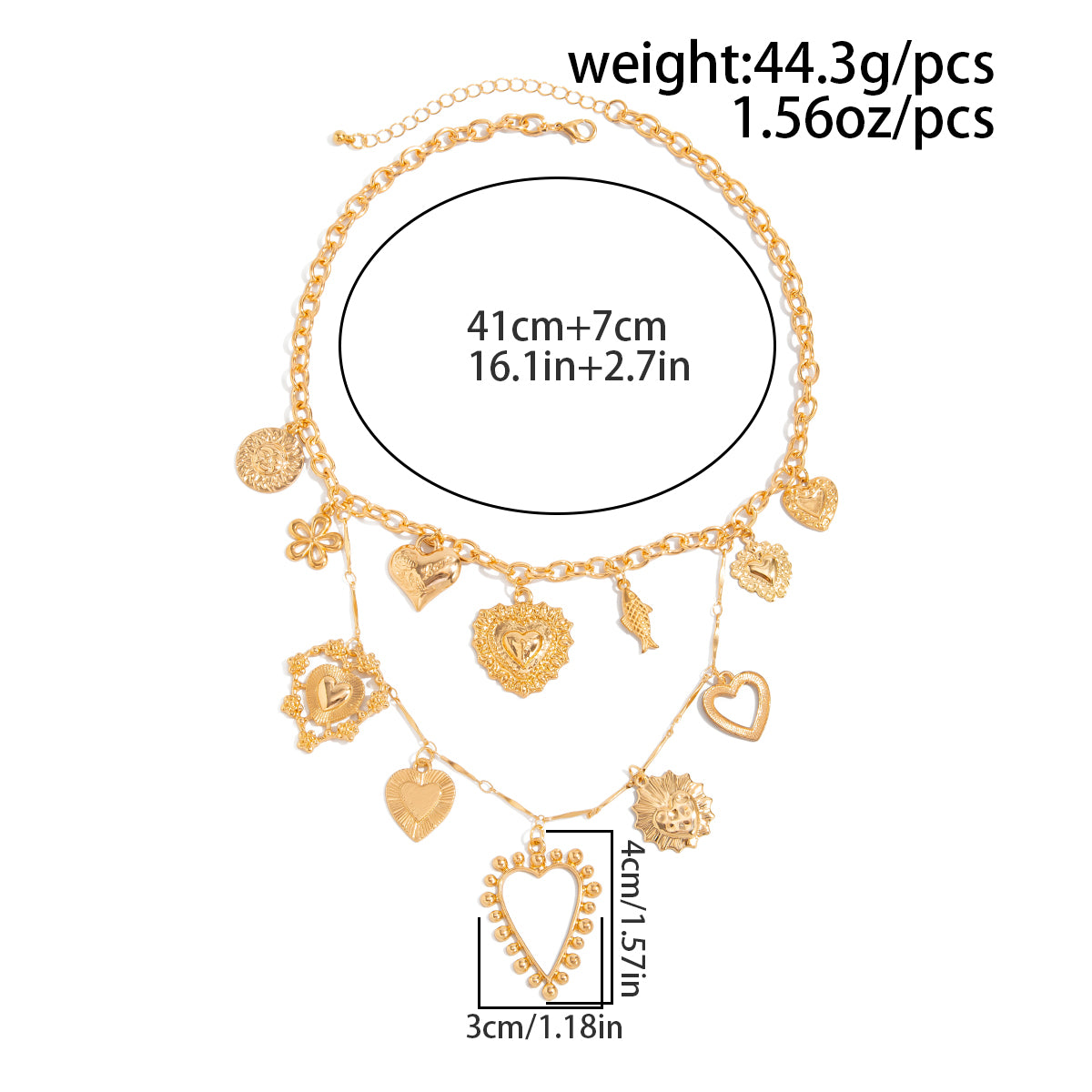 Elegant Layered Hollow Floral Heart Pendant Curb Chain Necklace