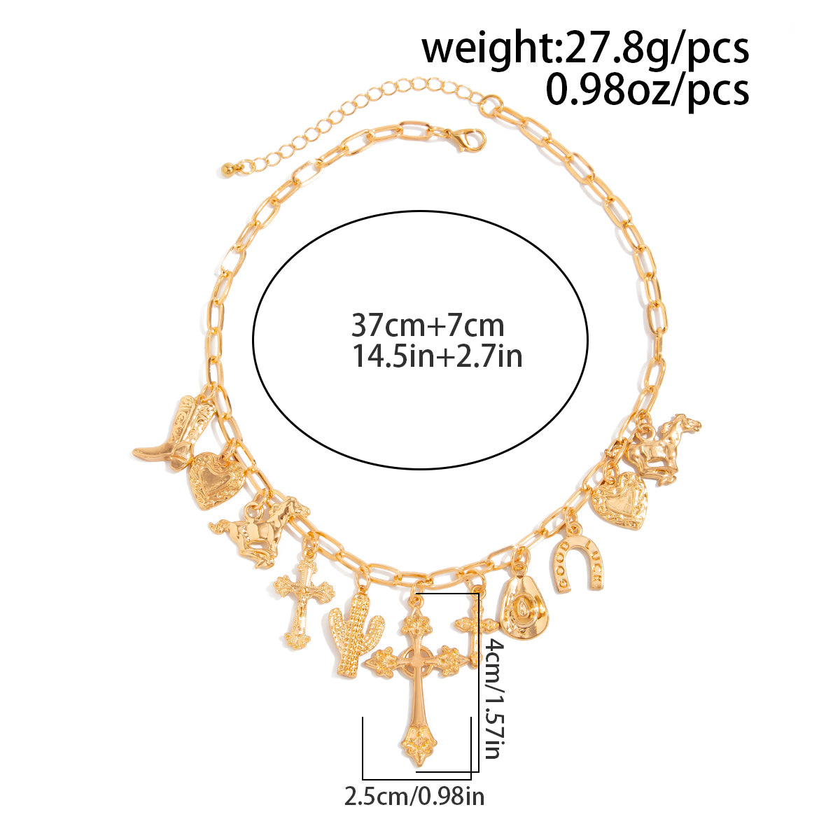 Boho Gold Tone Cross Cactus Cowboy Hat Charm Necklace