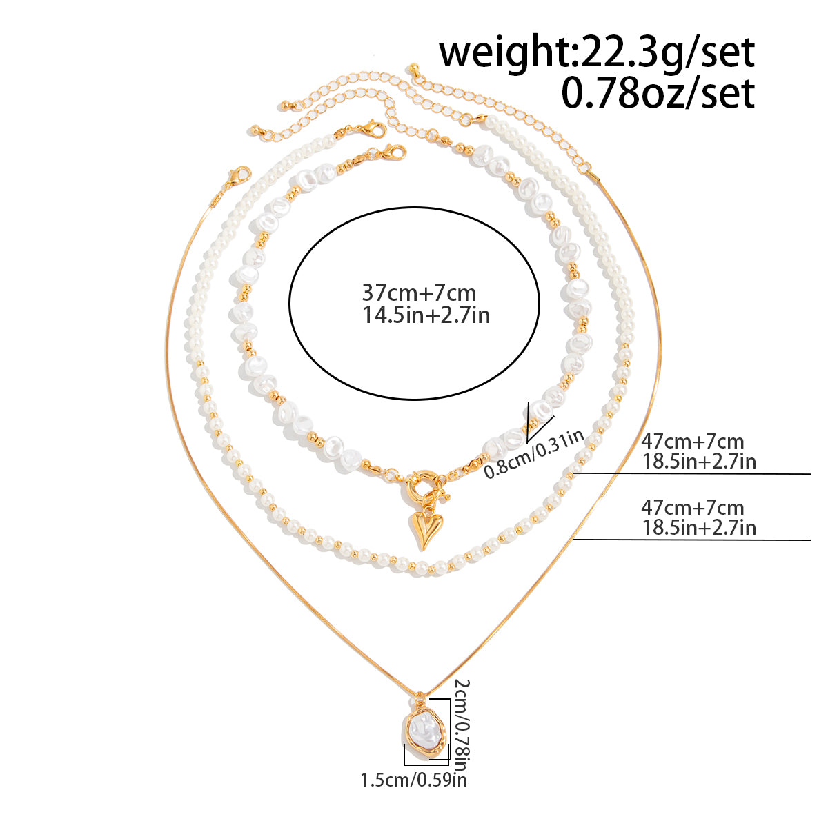 Newly Layered Gold Tone Heart Pendant Pearl Chain Necklace Set