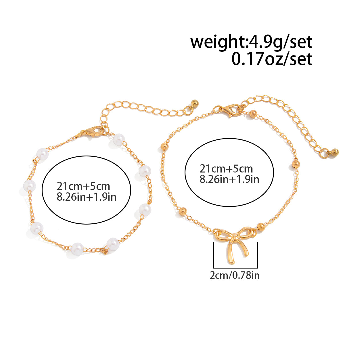 Elegant 2pcs Bowknot Charm Pearl Chain Anklet Set
