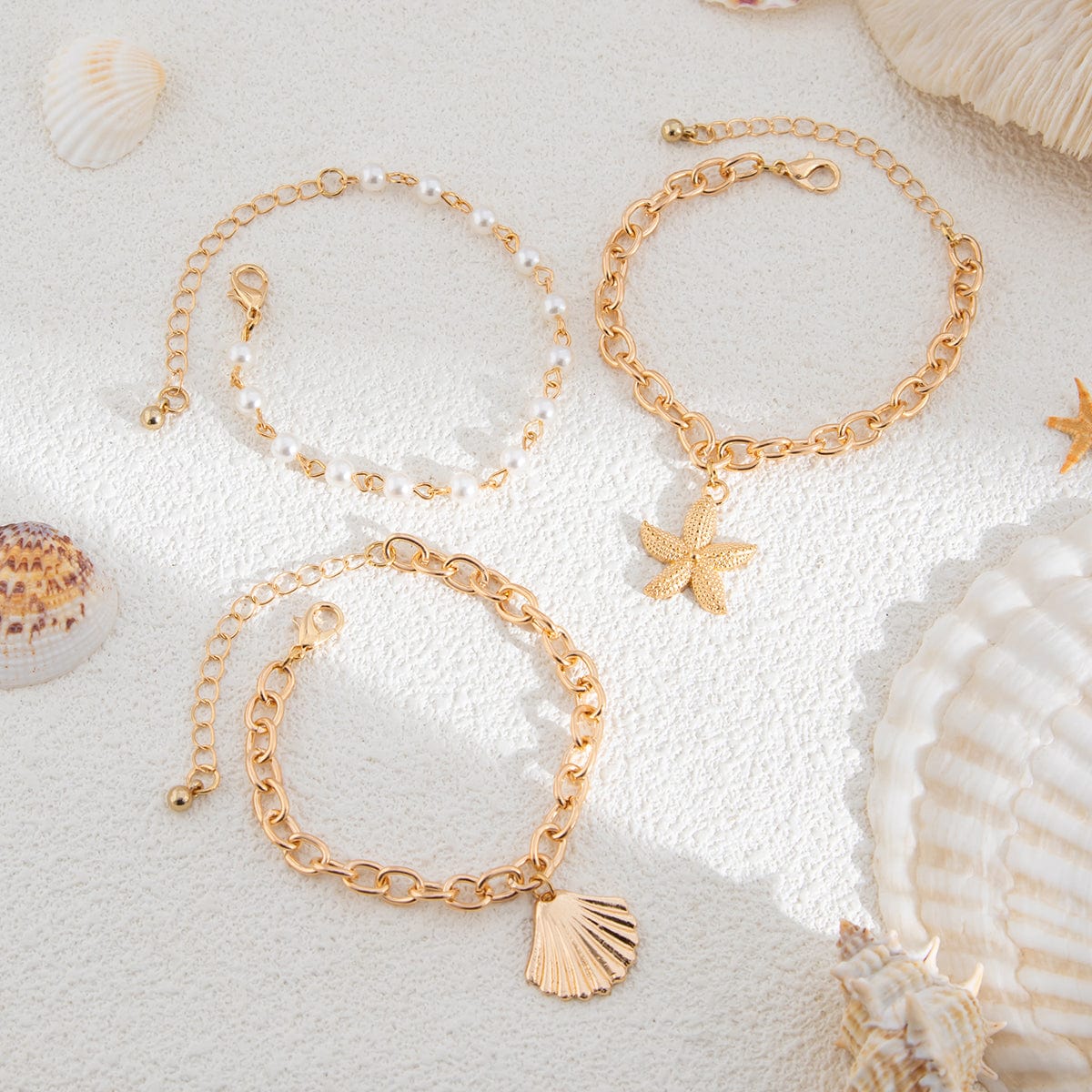 3 Pcs Boho Starfish Shell Charm Pearl Chain Bracelet Set - ArtGalleryZen