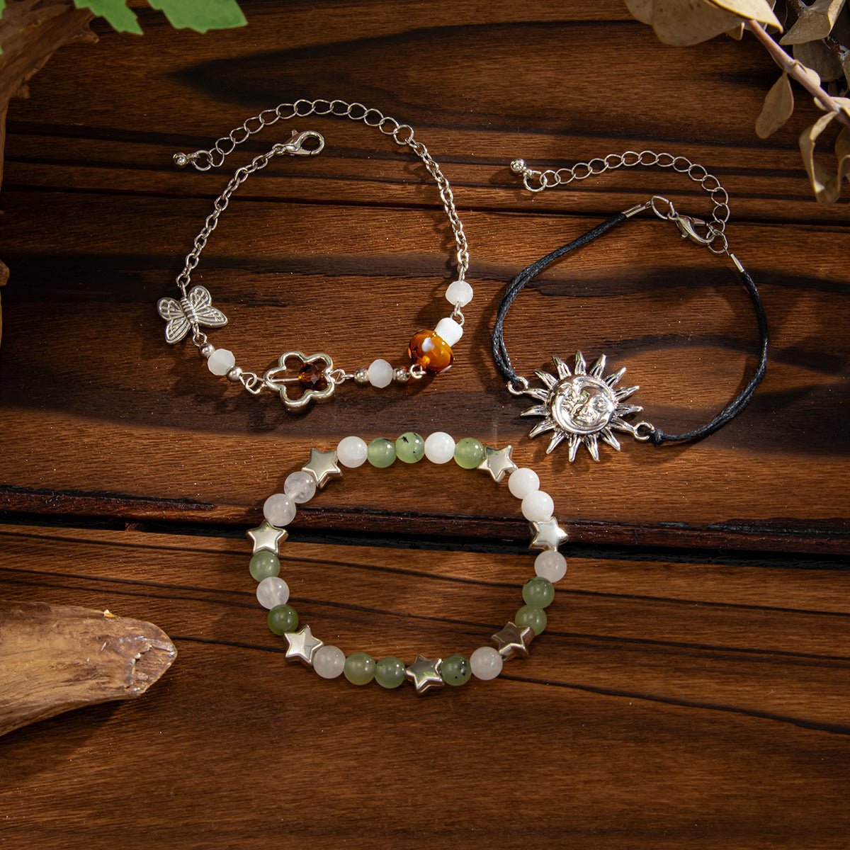 3 Pcs Boho Sun Mushroom Butterfly Charm Glass Beaded Bracelet Set - ArtGalleryZen