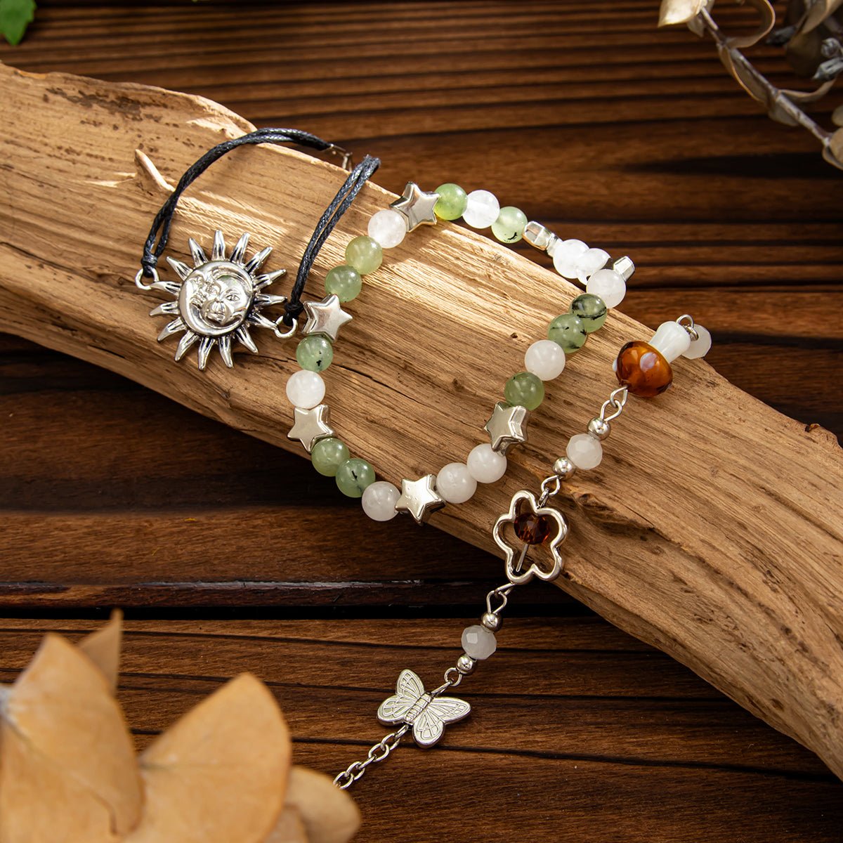 3 Pcs Boho Sun Mushroom Butterfly Charm Glass Beaded Bracelet Set - ArtGalleryZen