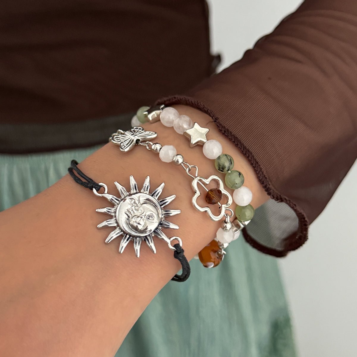 3 Pcs Boho Sun Mushroom Butterfly Charm Glass Beaded Bracelet Set - ArtGalleryZen