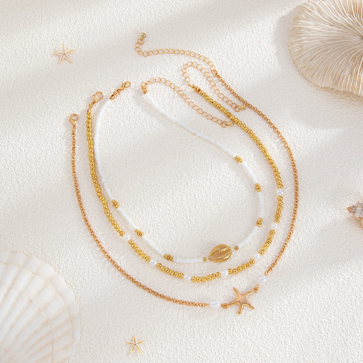 3 Pcs Conch Starfish Charm Pearl Seed Beaded Chain Necklace Set - ArtGalleryZen