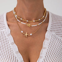 Thumbnail for 3 Pcs Conch Starfish Charm Pearl Seed Beaded Chain Necklace Set - ArtGalleryZen