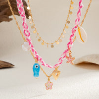 Thumbnail for 3 pcs Enamel Cherry Blossoms Starfish Conch Pendant Braided Necklace Set - ArtGalleryZen
