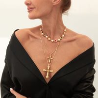 Thumbnail for 3 Pcs Gold Silver Tone Cross Pendant Pearl Crystal Pearl Chain Necklace Set - ArtGalleryZen