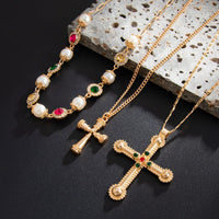 Thumbnail for 3 Pcs Gold Silver Tone Cross Pendant Pearl Crystal Pearl Chain Necklace Set - ArtGalleryZen