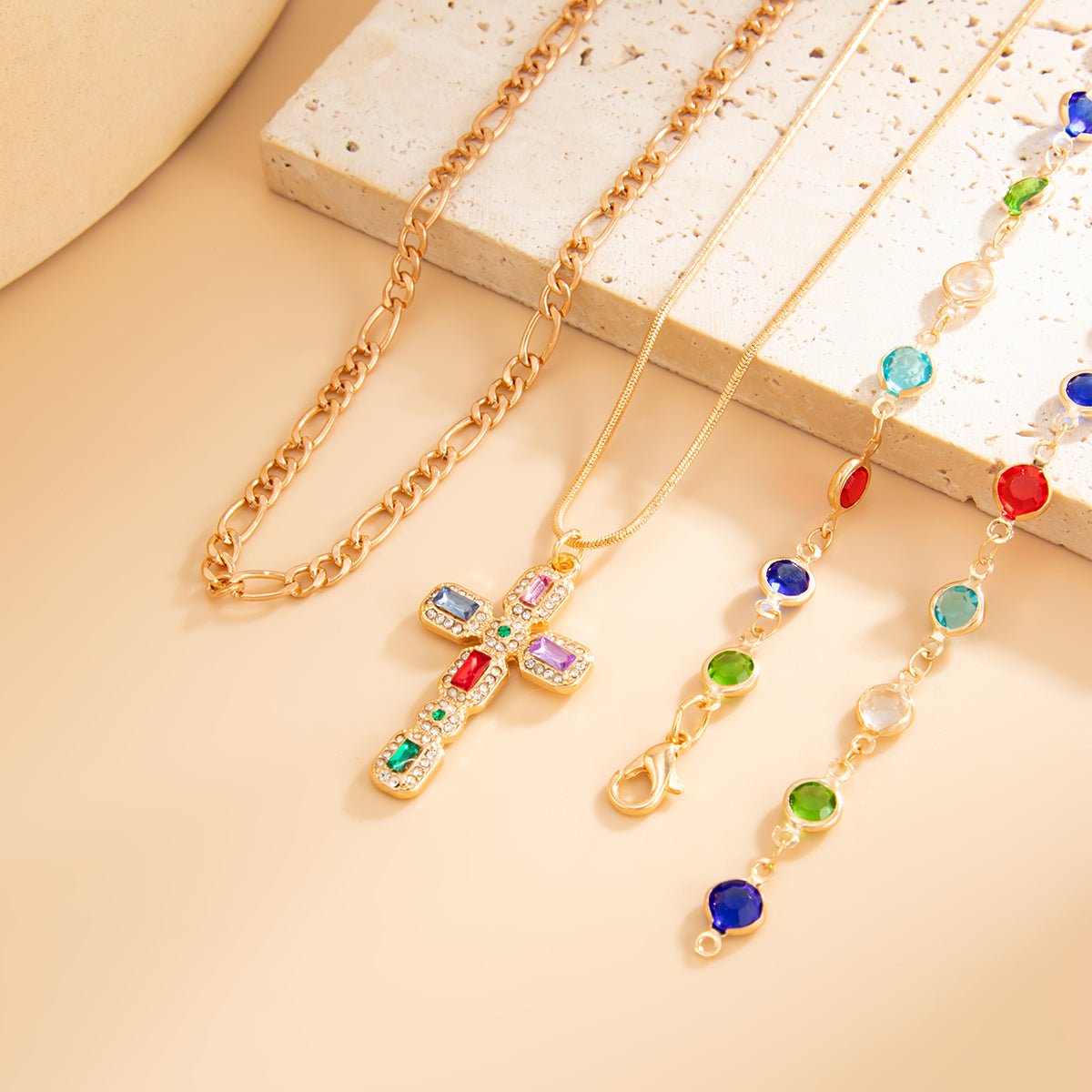 3 Pcs Gold Tone Rhinestone Inlaid Cross Pendant Crystal Chain Y Necklace Set - ArtGalleryZen