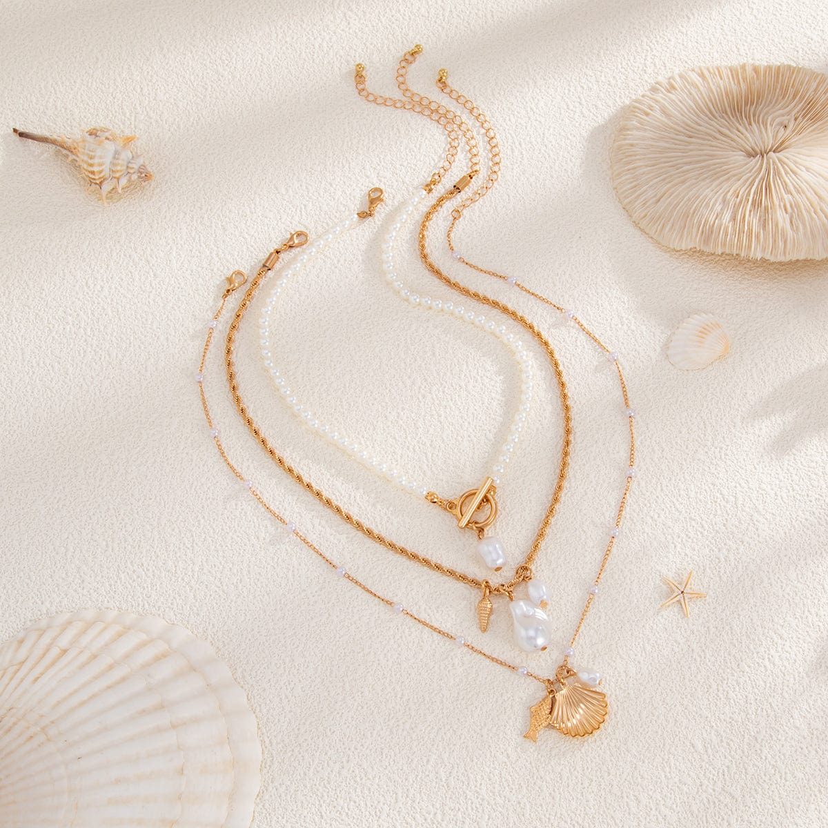 3 Pcs Toggle Clasp Irregular Pearl Shell Pendant Rope Chain Necklace Set - ArtGalleryZen