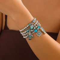 Thumbnail for 4 Pcs Hippie Turquoise Inlaid Eagle Cactus Charm Ball chain Bracelet Set - ArtGalleryZen