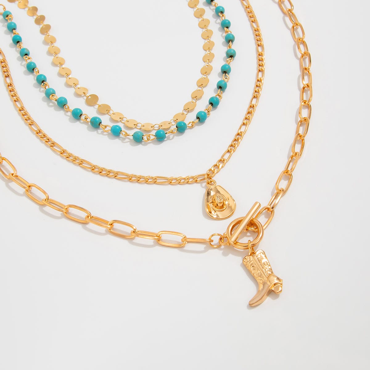 4 Pcs Toggle Clasp Boot Cowboy Hat Pendant Turquoise Chain Necklace - ArtGalleryZen