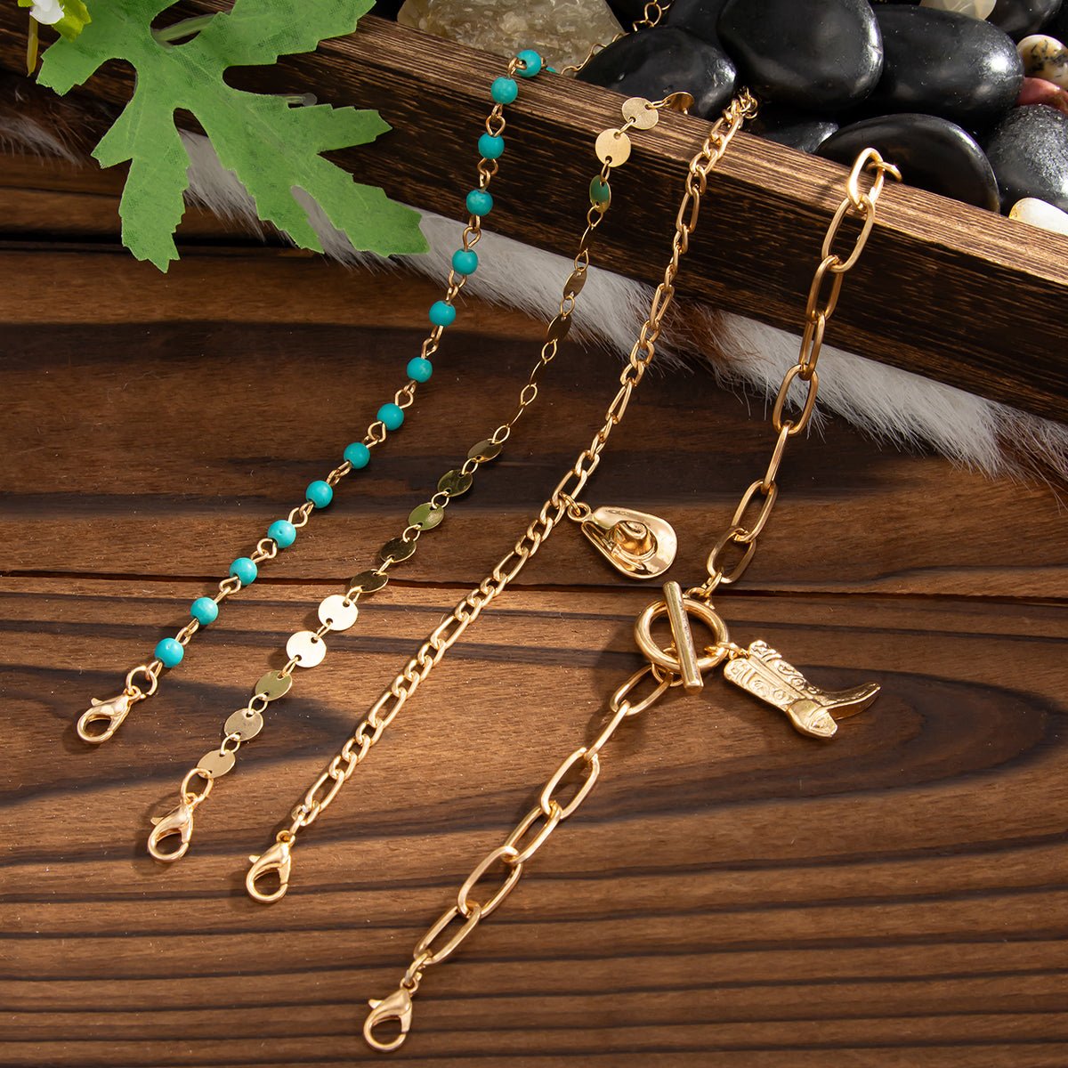4 Pcs Toggle Clasp Cowboy Hat Boot Charm Turquoise Chain Bracelet Set - ArtGalleryZen