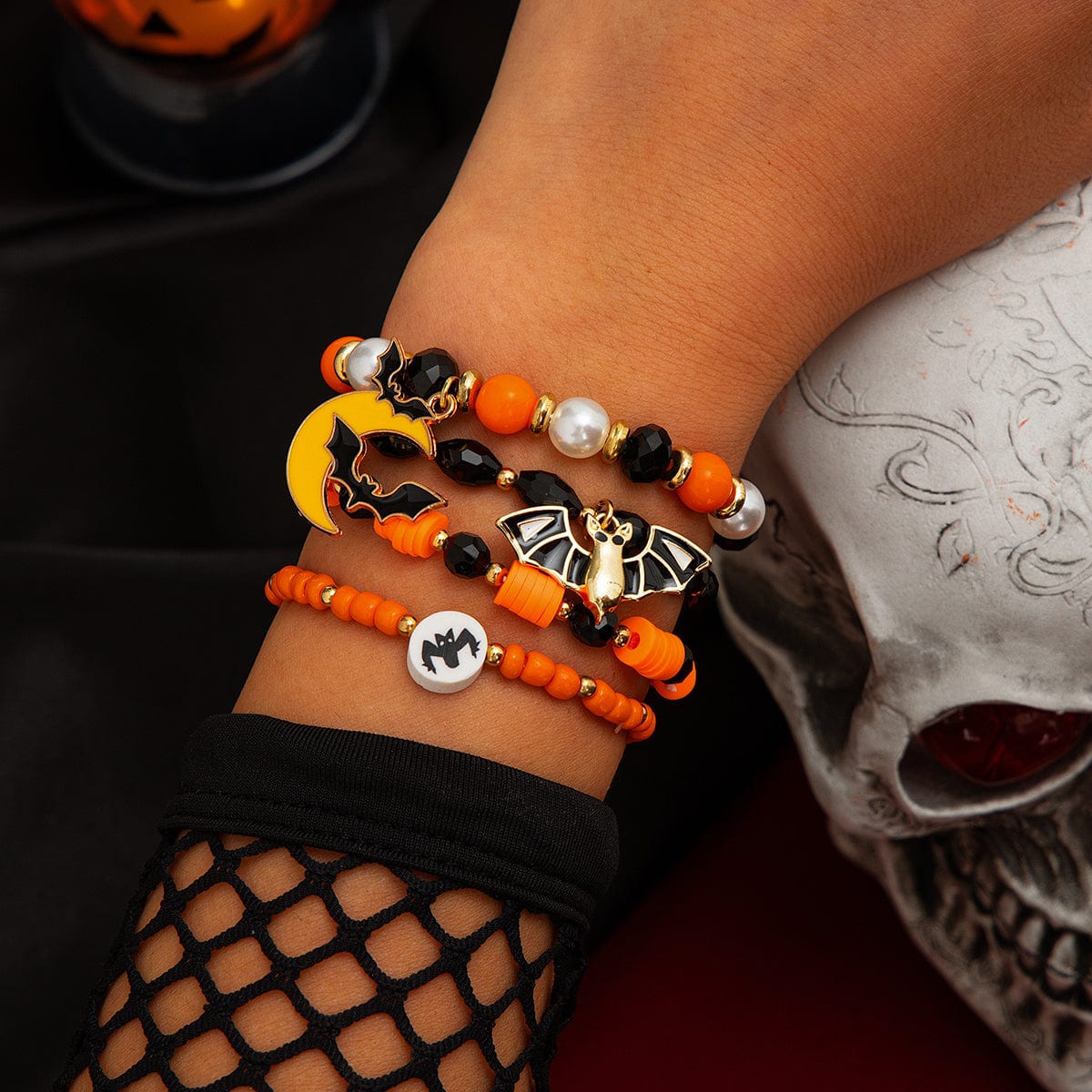 4Pcs Halloween Bat Moon Charm Crystal Pearl Beaded Bracelet Set - ArtGalleryZen