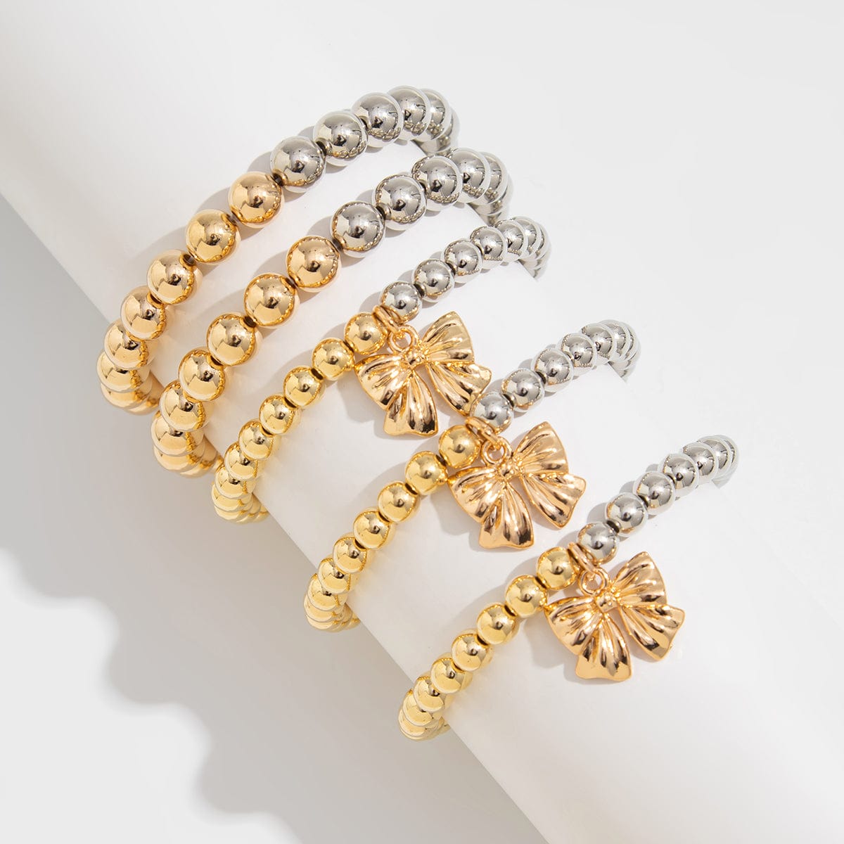 5 Pcs Gold Silver Tone Bowknot Charm Ball Chain Bracelet Set - ArtGalleryZen