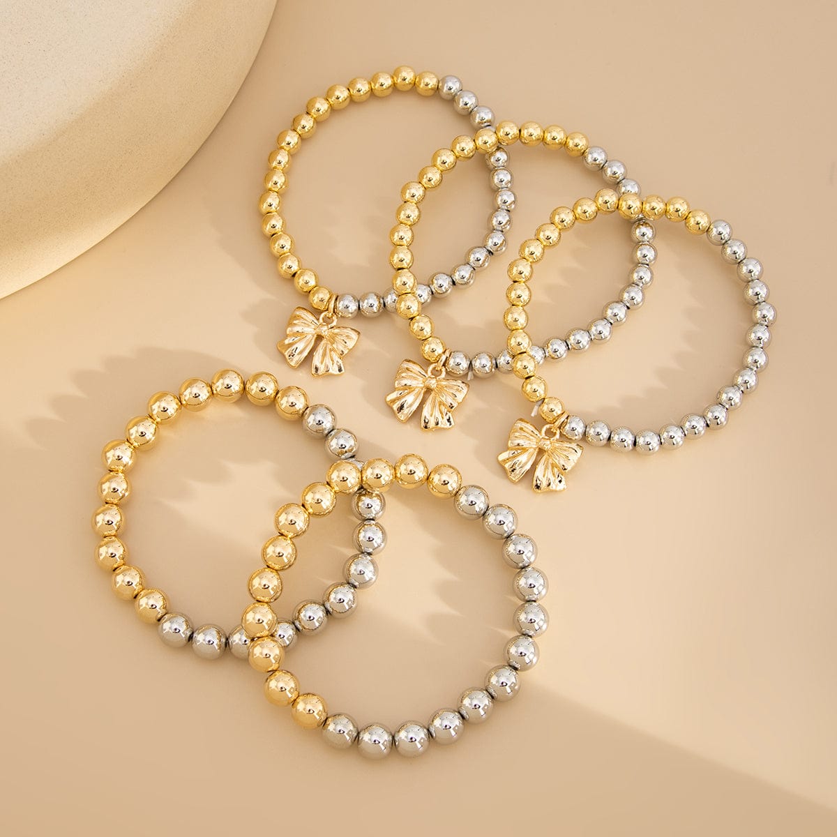 5 Pcs Gold Silver Tone Bowknot Charm Ball Chain Bracelet Set - ArtGalleryZen