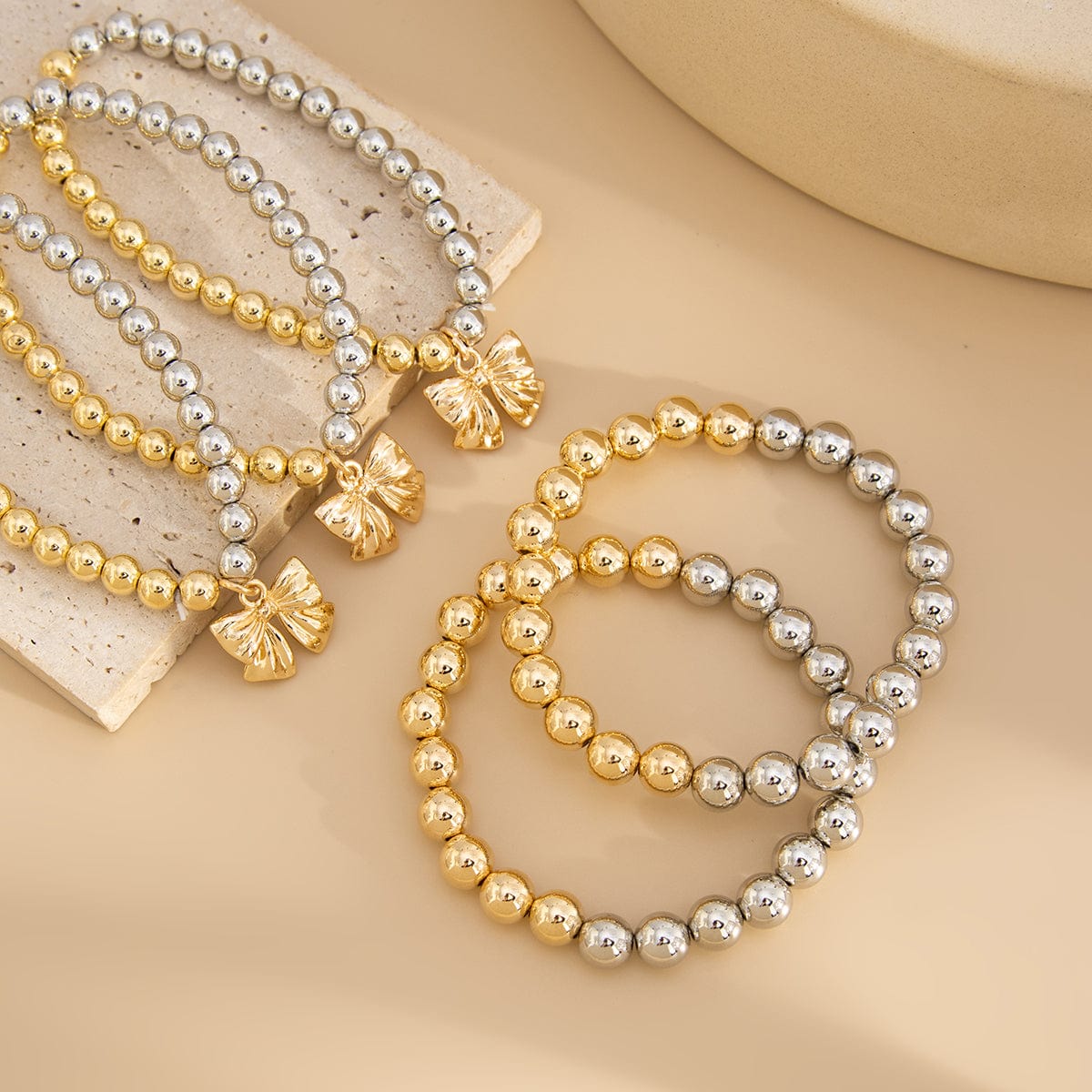 5 Pcs Gold Silver Tone Bowknot Charm Ball Chain Bracelet Set - ArtGalleryZen