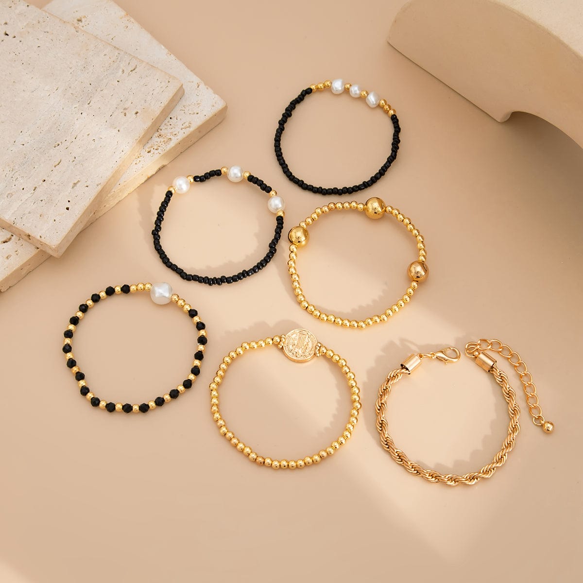 6 Pcs Pattern Round Disk Pearl Charm Crystal Seed Beaded Bracelet Set - ArtGalleryZen