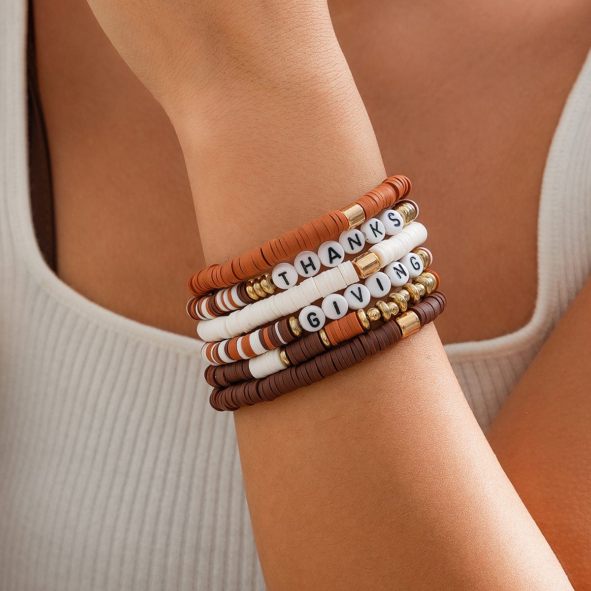6 Pcs Thanksgiving Themed Polymer Clay Letter Beaded Stackable Bracelet Set - ArtGalleryZen