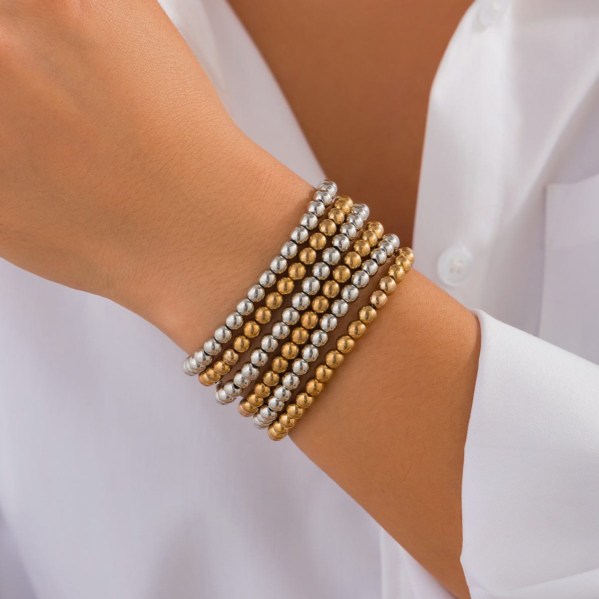 6 Pcs Two Tone Ball Chain Stackable Bracelet Set - ArtGalleryZen