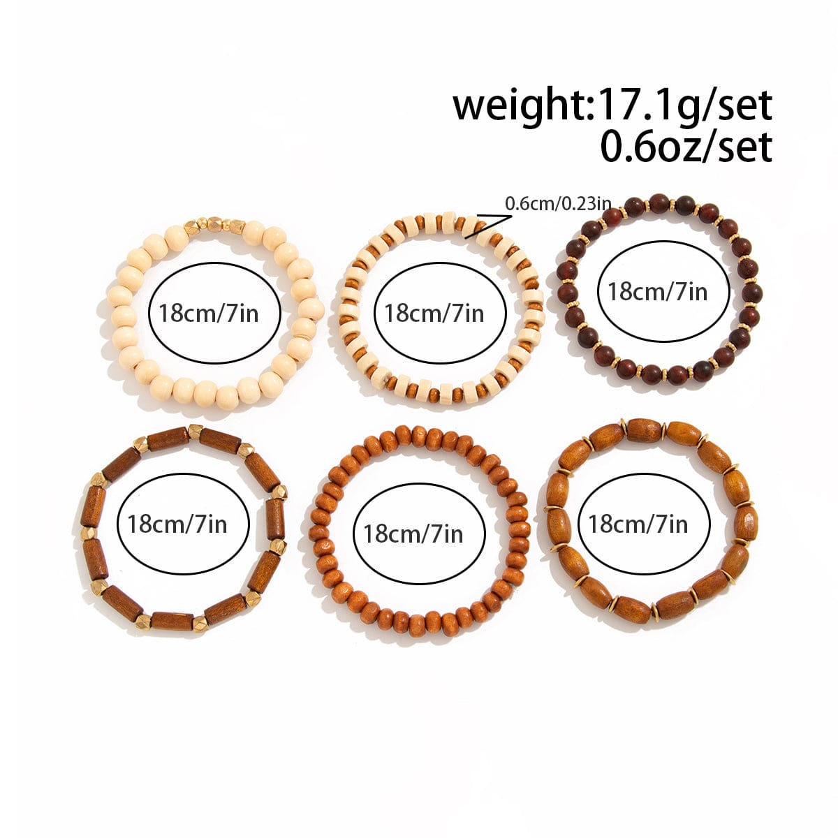 6 Pcs Vintage Wood Beaded Strench Bracelet Set - ArtGalleryZen