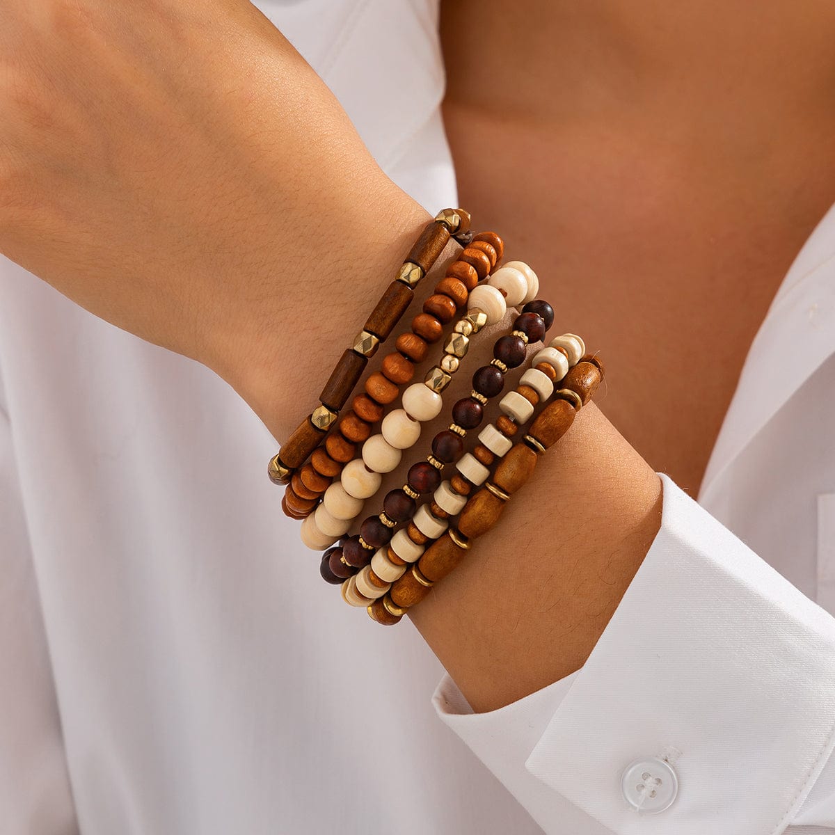 6 Pcs Vintage Wood Beaded Strench Bracelet Set - ArtGalleryZen