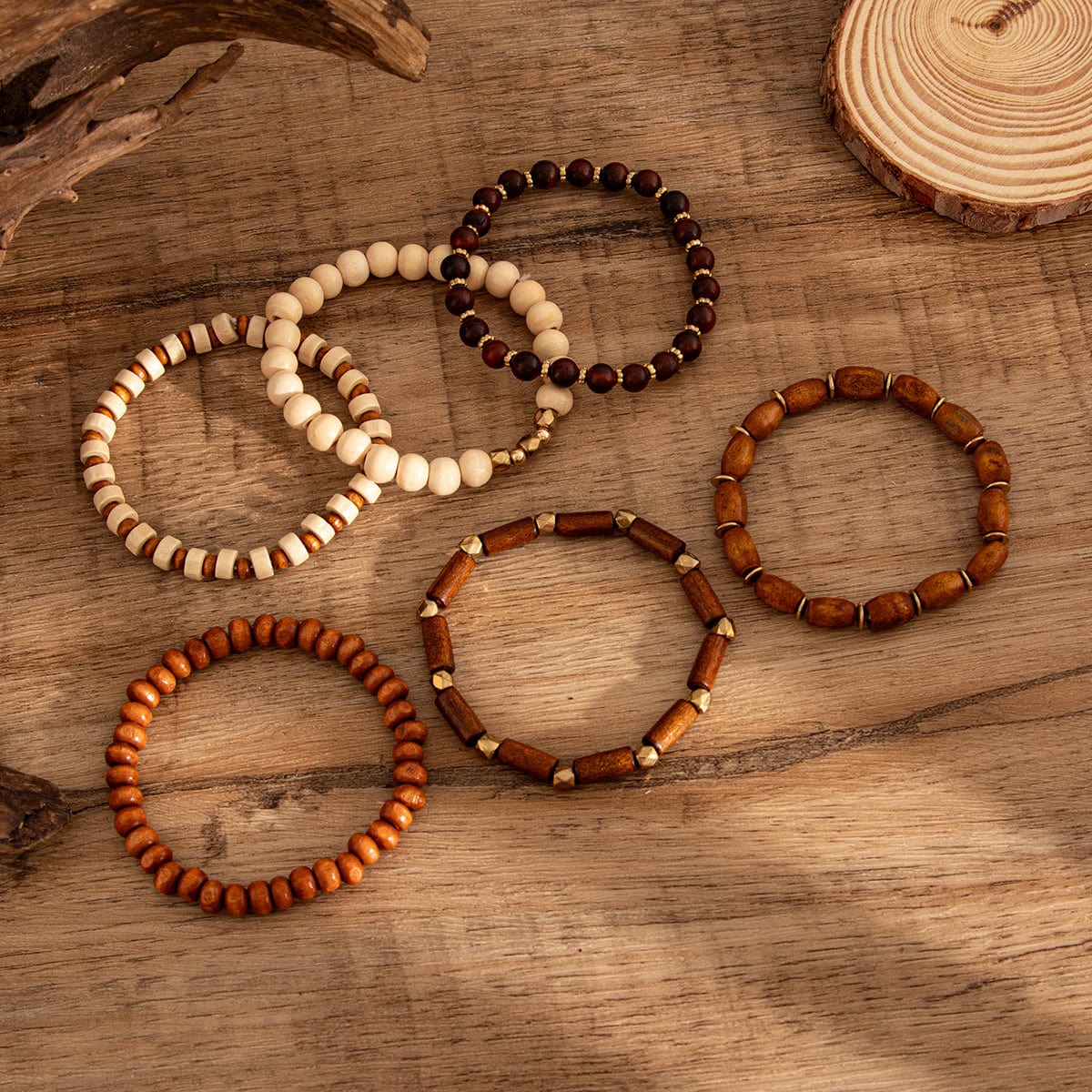 6 Pcs Vintage Wood Beaded Strench Bracelet Set - ArtGalleryZen