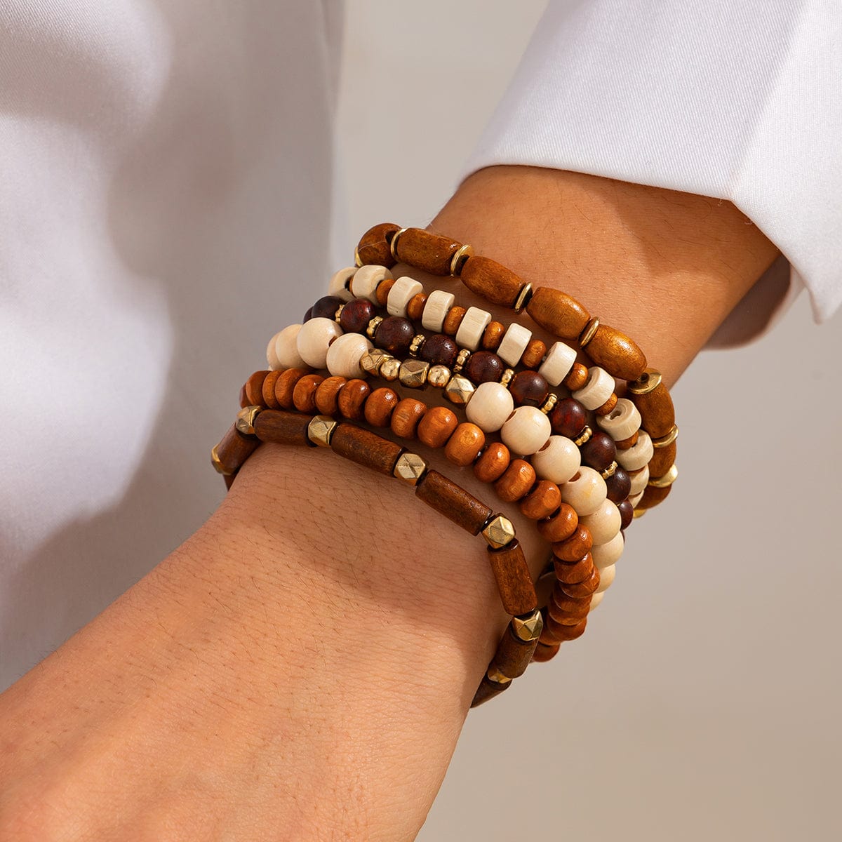 6 Pcs Vintage Wood Beaded Strench Bracelet Set - ArtGalleryZen