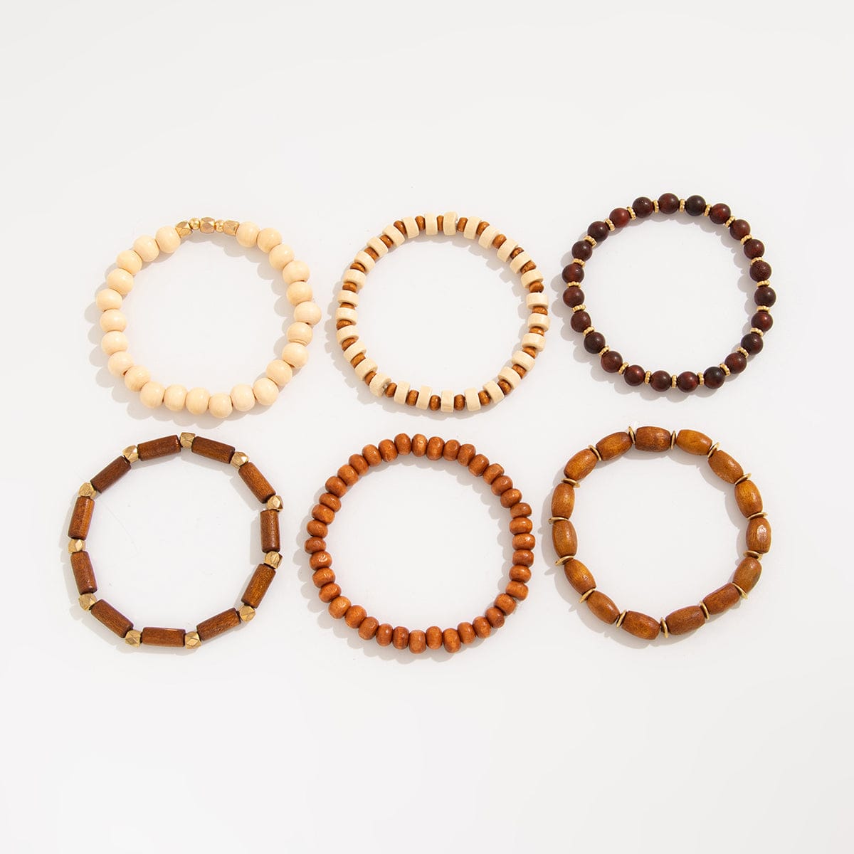 6 Pcs Vintage Wood Beaded Strench Bracelet Set - ArtGalleryZen