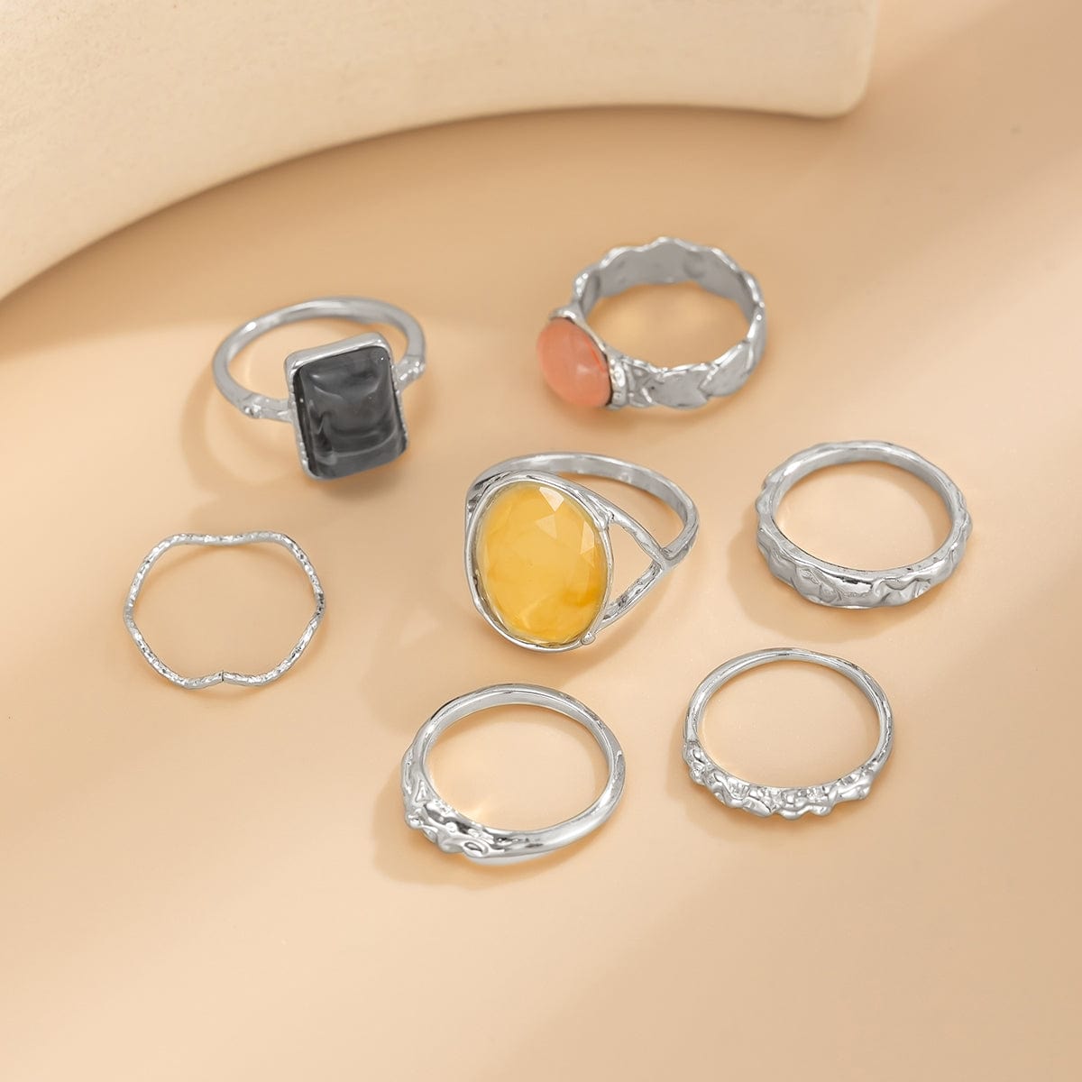 7 Pcs Baroque Gold Silver Tone Crystal Inlaid Pleated Ring Set - ArtGalleryZen