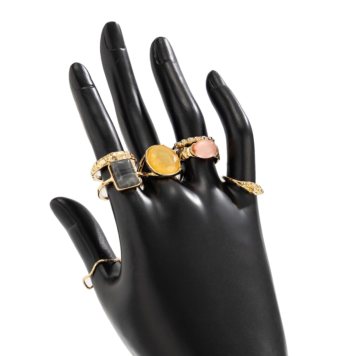 7 Pcs Baroque Gold Silver Tone Crystal Inlaid Pleated Ring Set - ArtGalleryZen