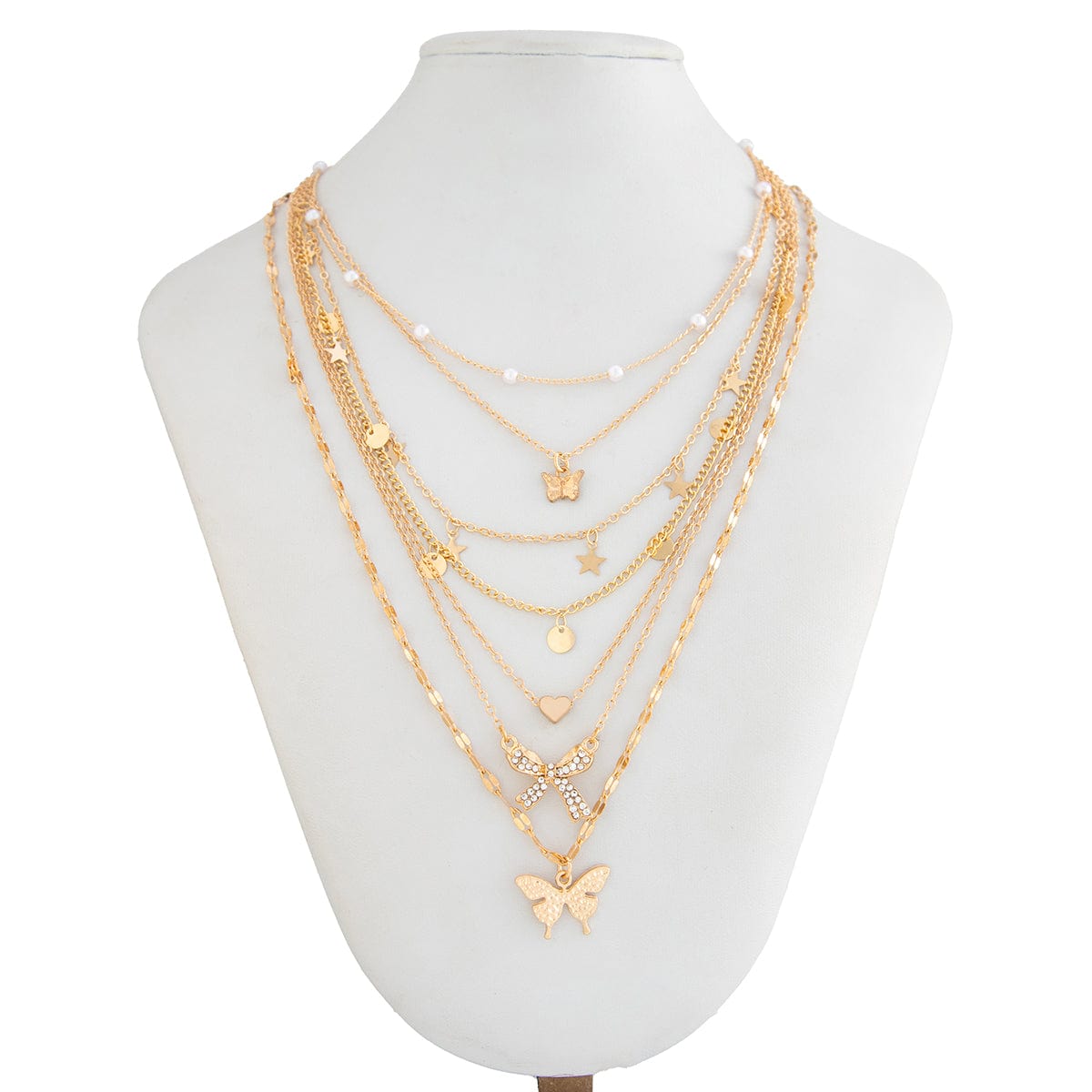 7 Pcs Rhinestone Inlaid Butterfly Star Sequin Tassel Pearl Chain Necklace Set - ArtGalleryZen