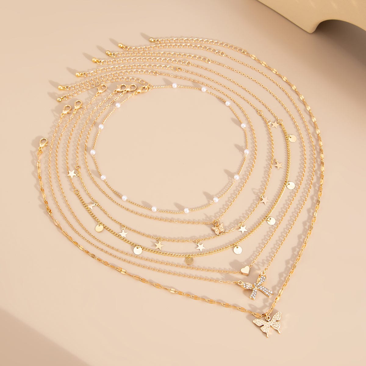 7 Pcs Rhinestone Inlaid Butterfly Star Sequin Tassel Pearl Chain Necklace Set - ArtGalleryZen