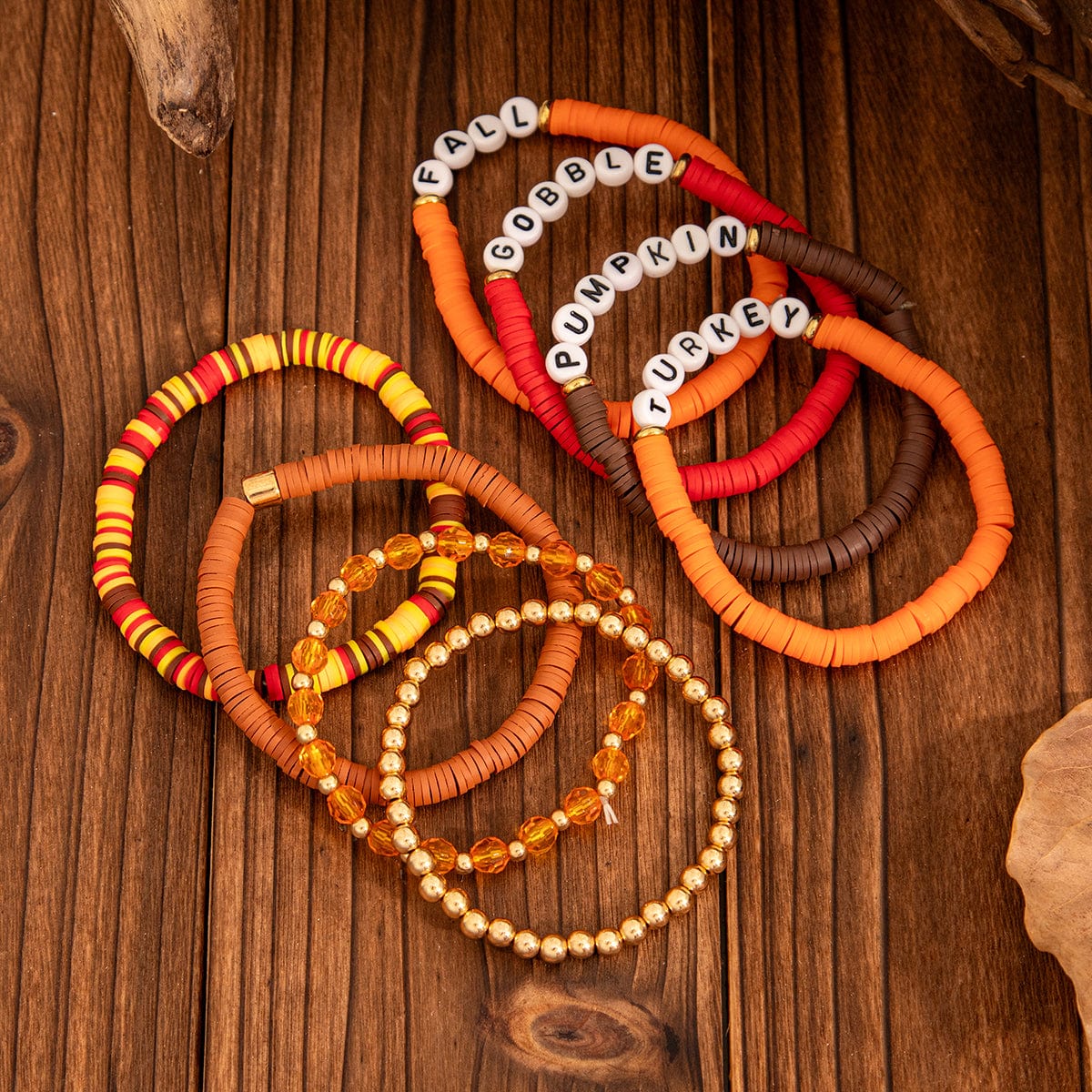 8 Pcs Thanksgiving Theme Crystal Letter Polymer Clay Beaded Stackable Bracelet Set - ArtGalleryZen