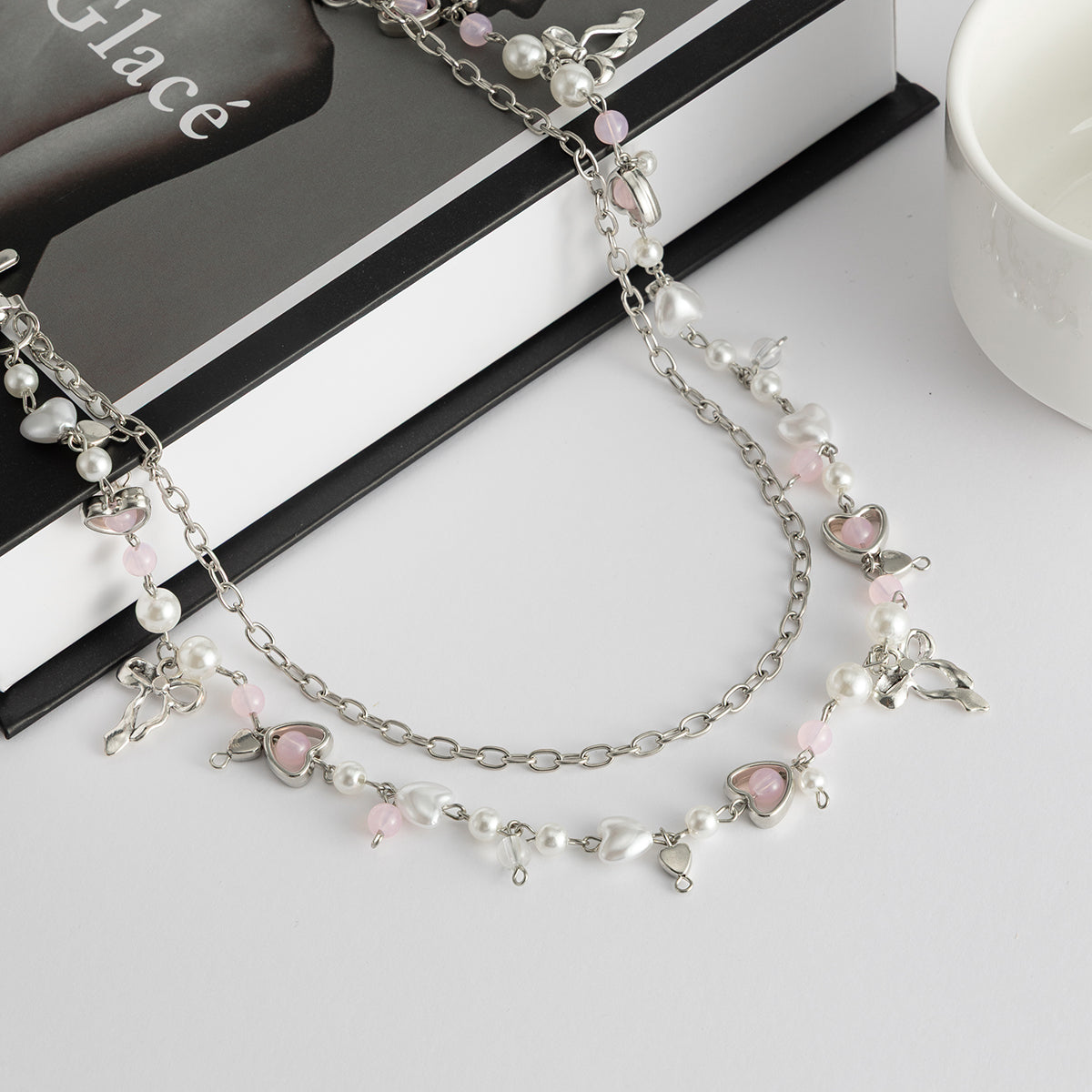 Chic Layered Bowknot Charm Pearl Heart Glass Bead Trouser Chain