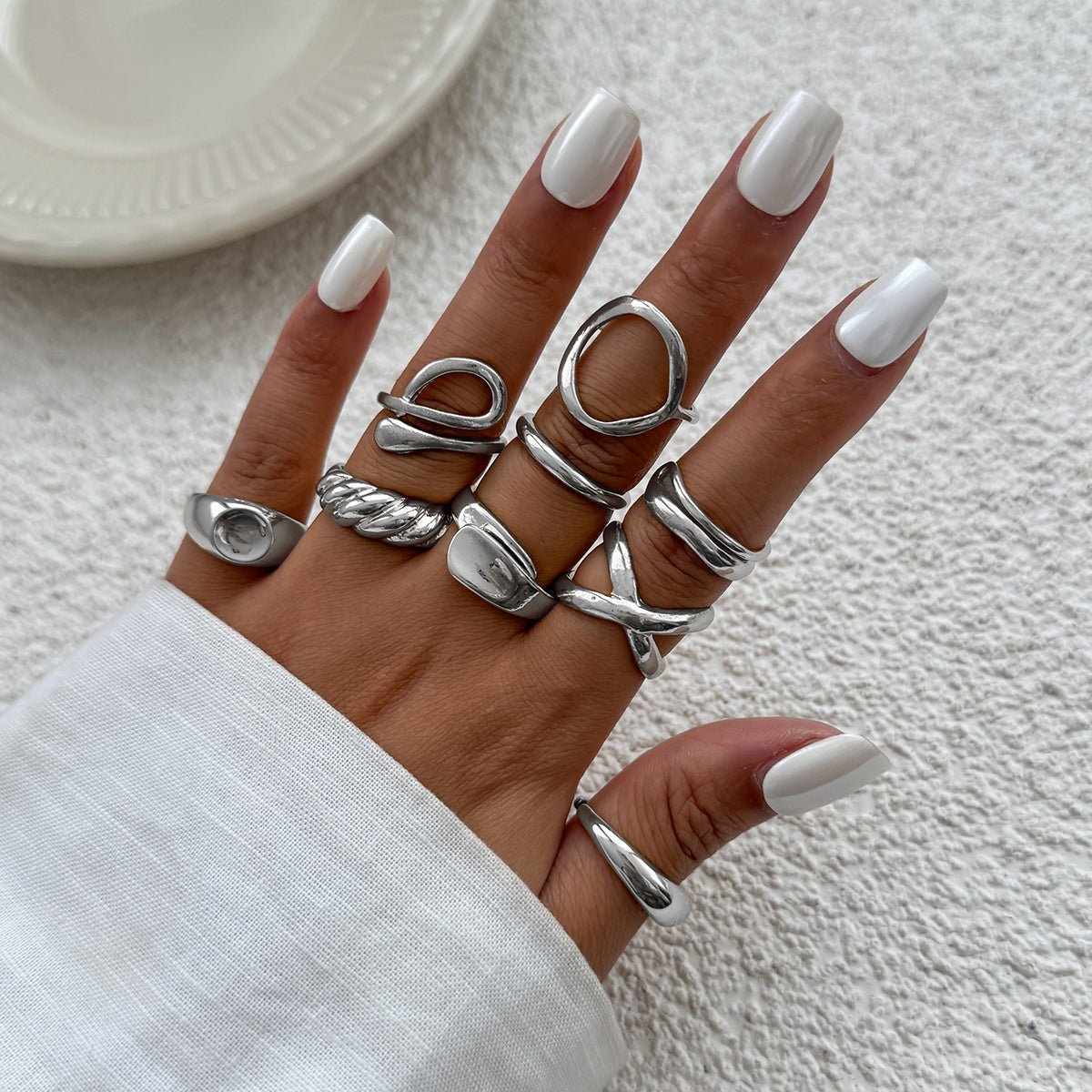 9 Pcs Gold Silver Tone Hollow Waterdrop Cross Twisted Ring Set - ArtGalleryZen